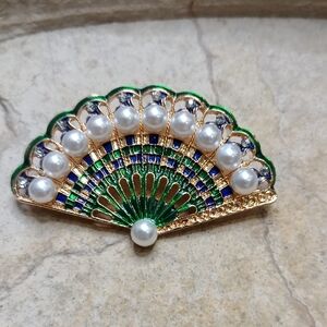 Blue and Green Enamel Fan Brooch with Pearls And Rhinestones